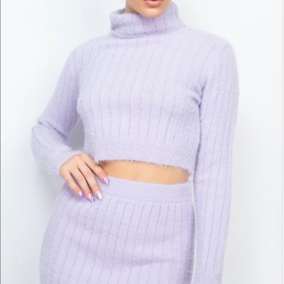 NEW LAVENDER RIBBED FLUFFY SWEATER TWO PIECE LONG SLEEVE CROP TOP MIDI SKIRT SET - Picture 9 of 9